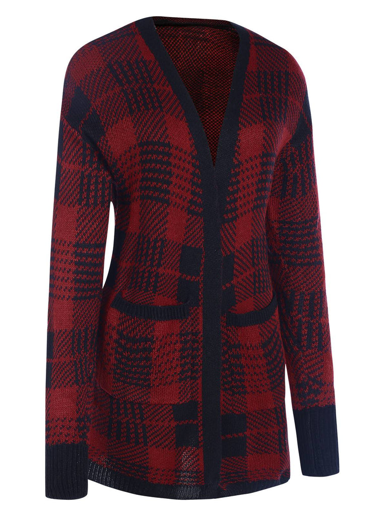 Rot 1950er Taschen Plaid Strickjacke