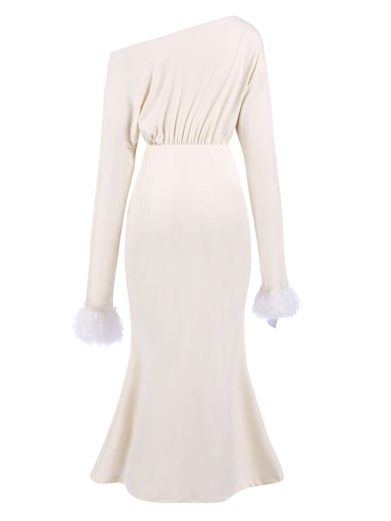 Beige 1930er Solide Plüsch Cuff Meerjungfrauenkleid