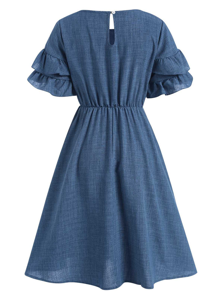 Blau 1940er Lagen Rüschenärmel A-Linie Kleid