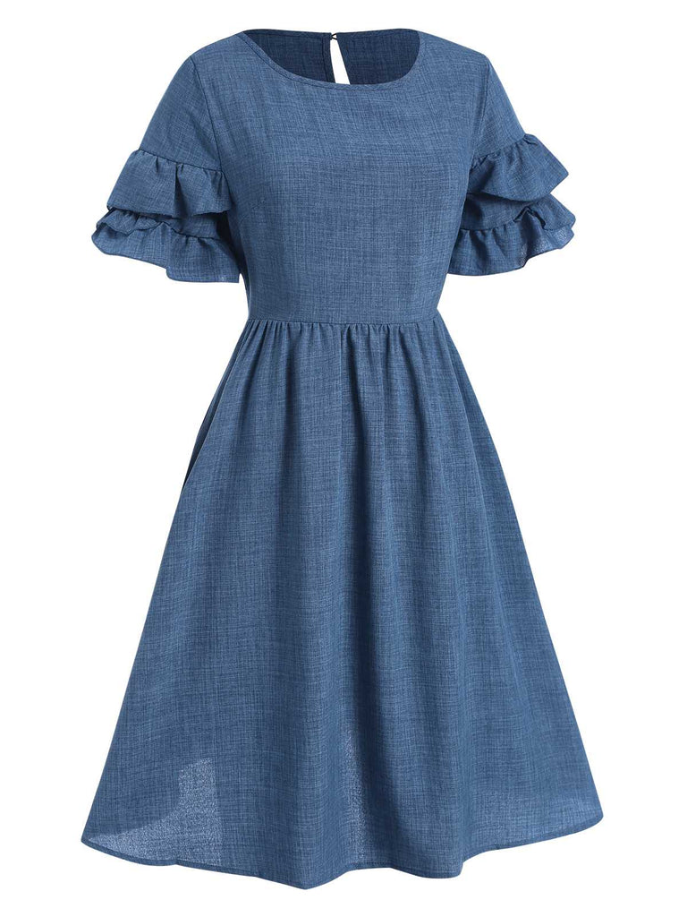 Blau 1940er Lagen Rüschenärmel A-Linie Kleid