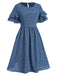 Blau 1940er Lagen Rüschenärmel A-Linie Kleid