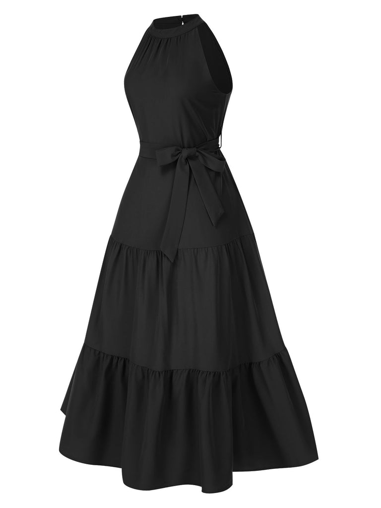 1950er Solide Rundhals Halter Stufenkleid