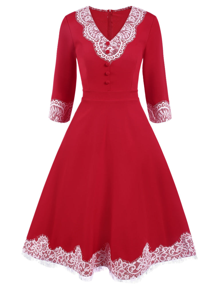 [Vorverkauf] Rot 1950er Spitze Knöpfen Patchwork Kleid