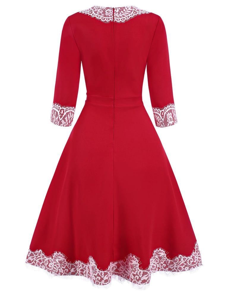 [Vorverkauf] Rot 1950er Spitze Knöpfen Patchwork Kleid