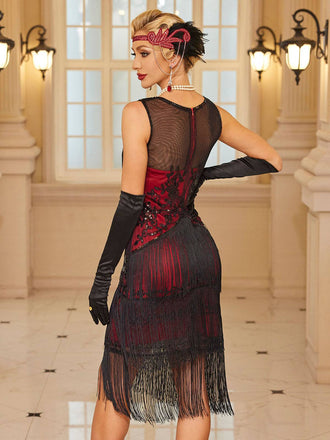 Weinrot 1920er Blumenmuster Masche Pailletten Quaste Kleid
