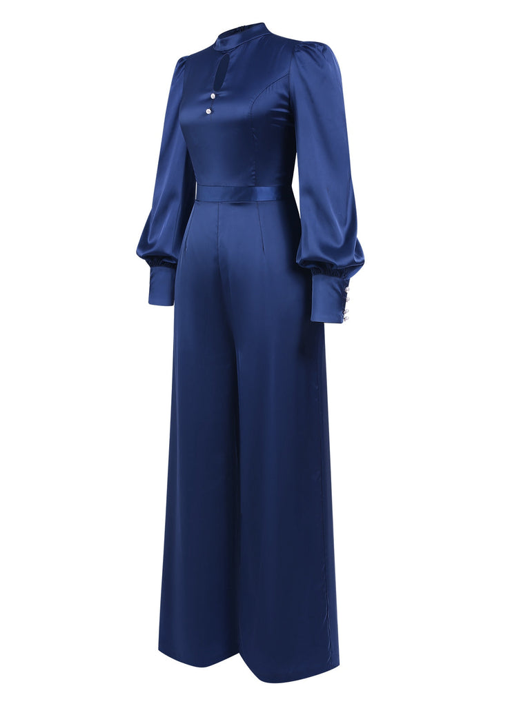 [Vorverkauf] Blau 1930er Satin Bischofsärmel Jumpsuit