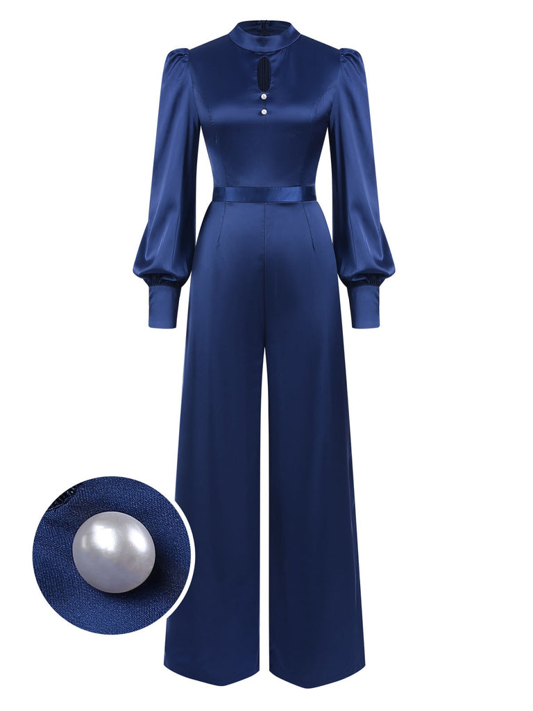 [Vorverkauf] Blau 1930er Satin Bischofsärmel Jumpsuit