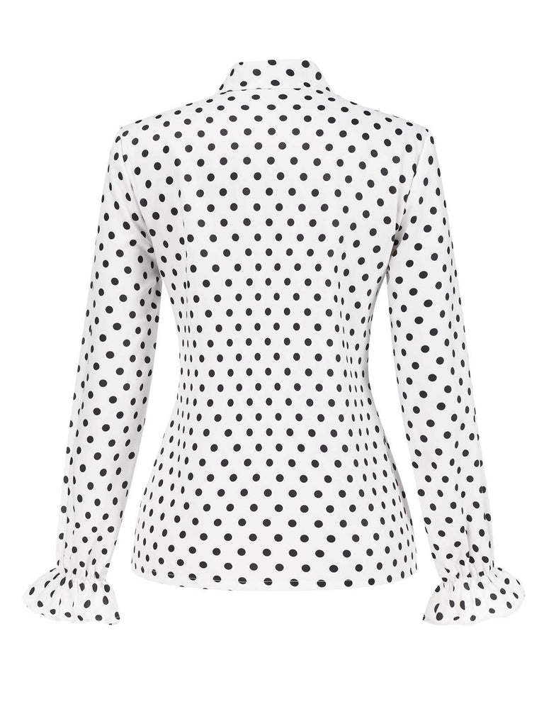 [Vorverkauf] Weiß 1950er Krawattenhals Polka Dots Bluse