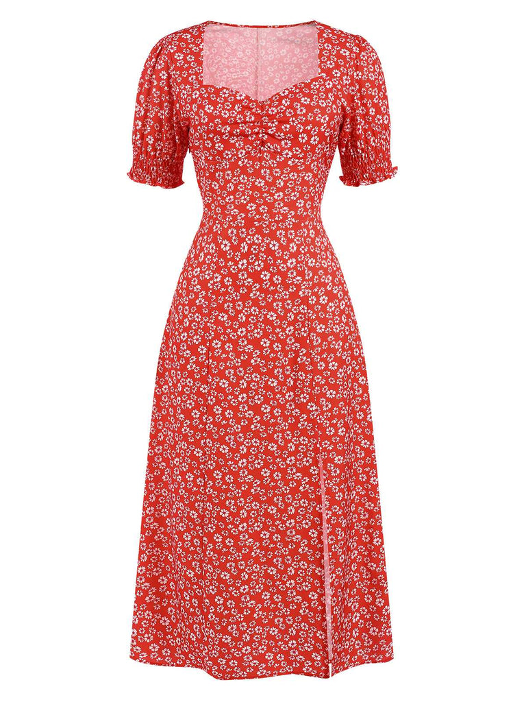 Rot 1940er Sweetheart-Kragen Blumen Schlitz Kleid