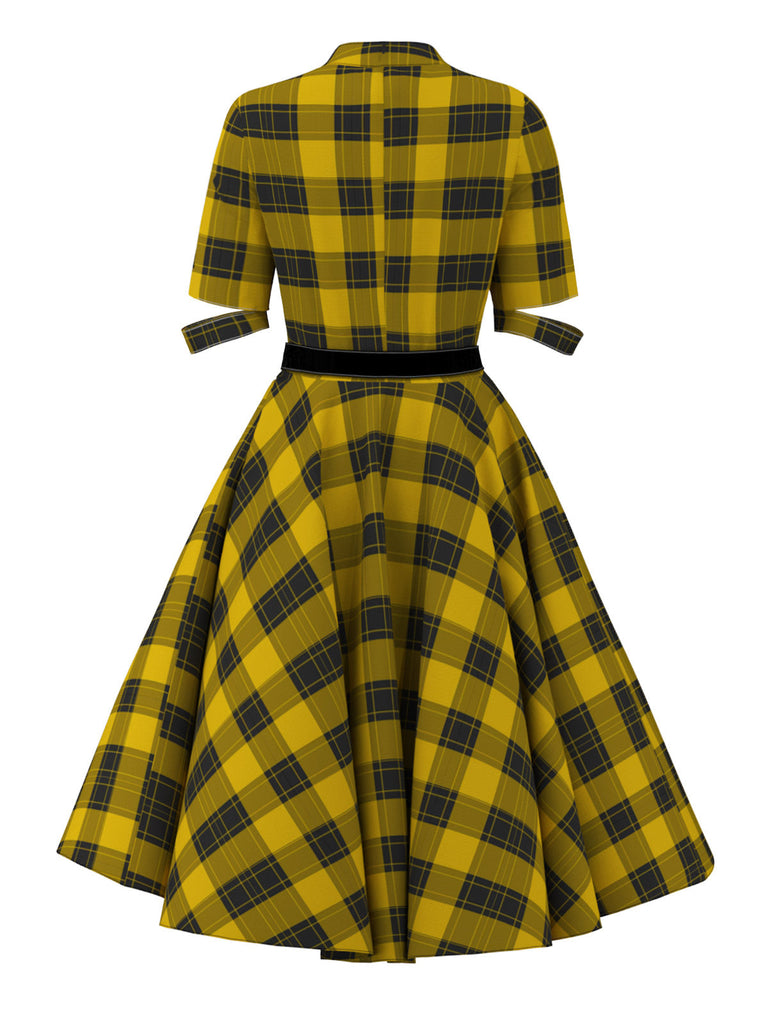 [Vorverkauf] 1950er Hohl Tartan Plaids Gürtel A-Linie Kleid