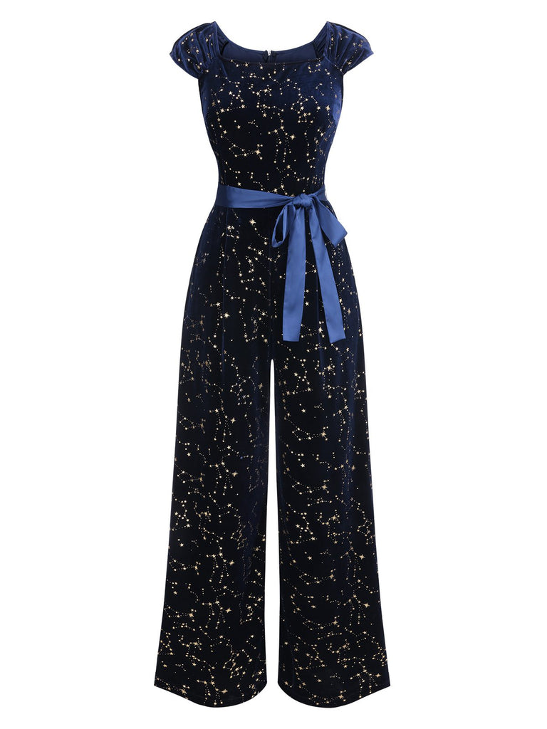 [Vorverkauf] Blau 1930er Sterne Samt Gürtel Jumpsuit