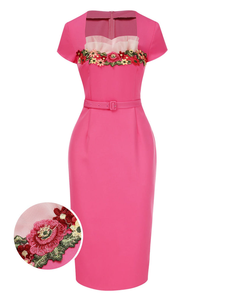 [Vorverkauf] Rosa 1960er Stickerei Blume Pencil Kleid