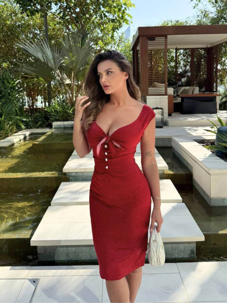 Rot 1960er Hollow Out Satin Kleid