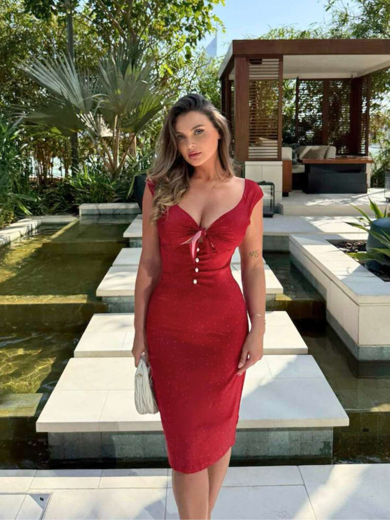Rot 1960er Hollow Out Satin Kleid
