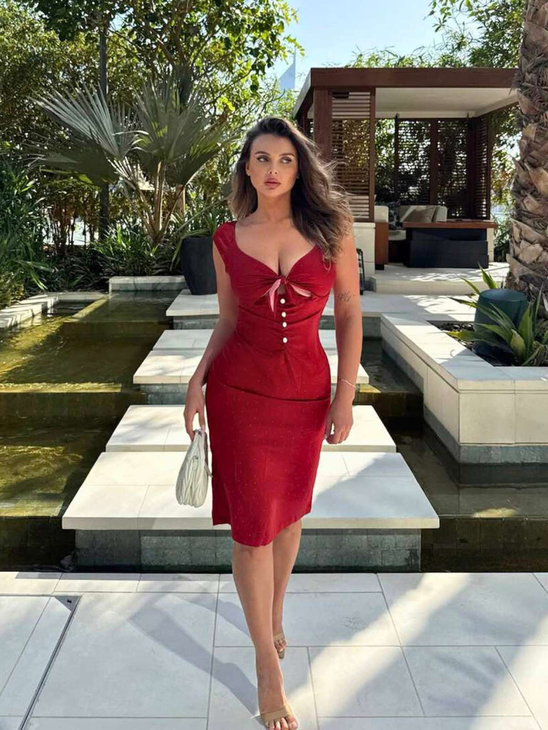 Rot 1960er Hollow Out Satin Kleid