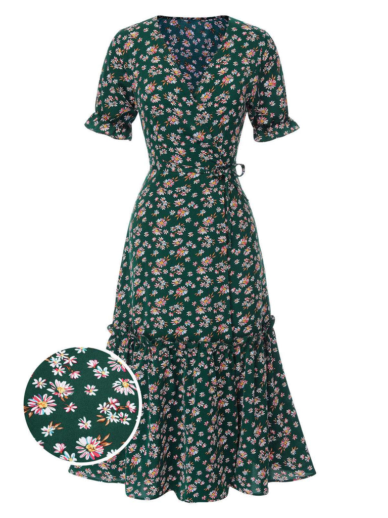 1930er Gänseblümchen Überkreuztes V-Ausschnitt Gürtel Kleid