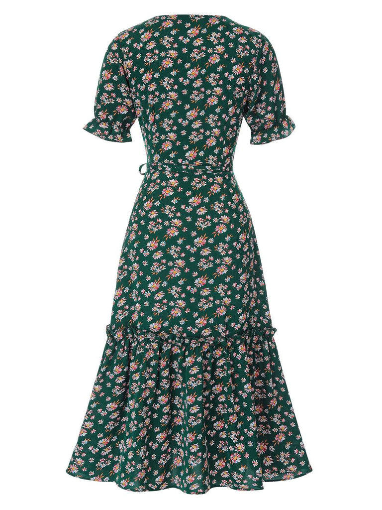 1930er Gänseblümchen Überkreuztes V-Ausschnitt Gürtel Kleid