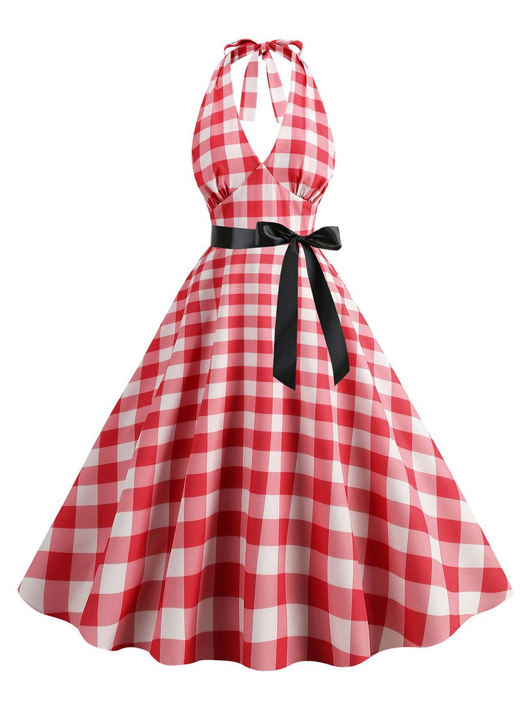 Rot 1950er Gingham Plaid Halter Swing Kleid