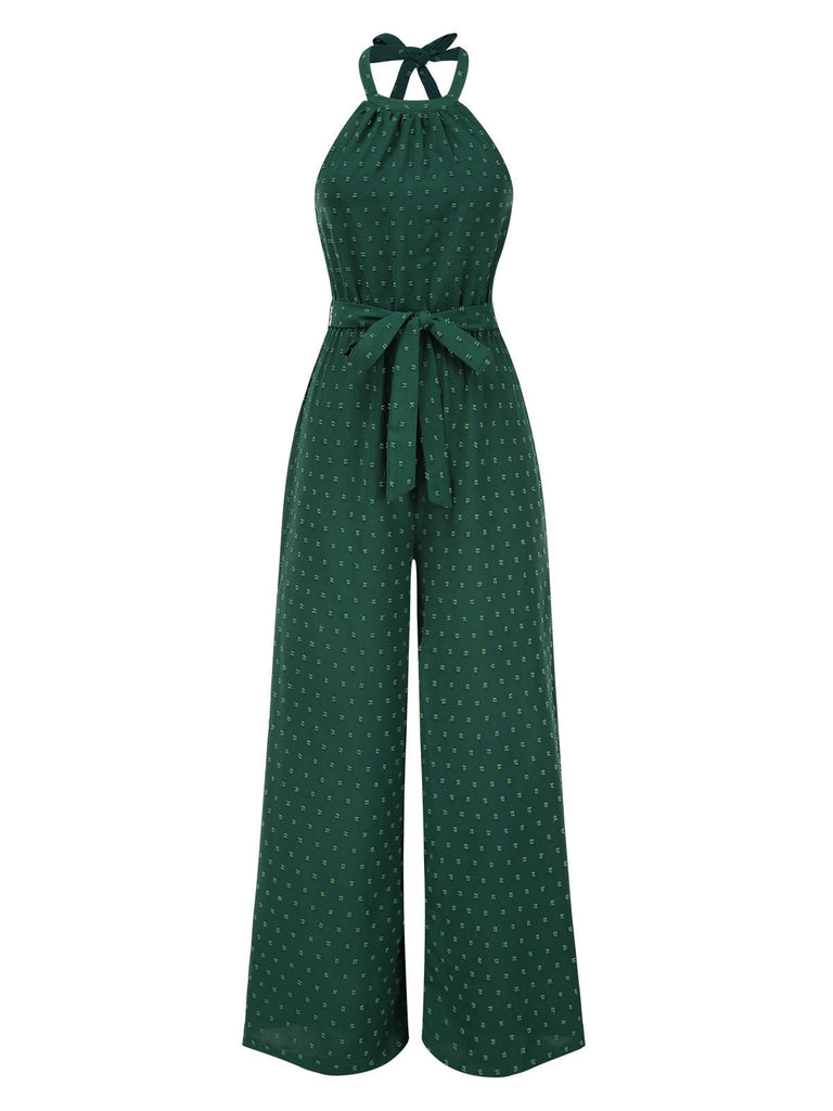 Grün 1970er Rundhals Halter Polka Dots Jumpsuit