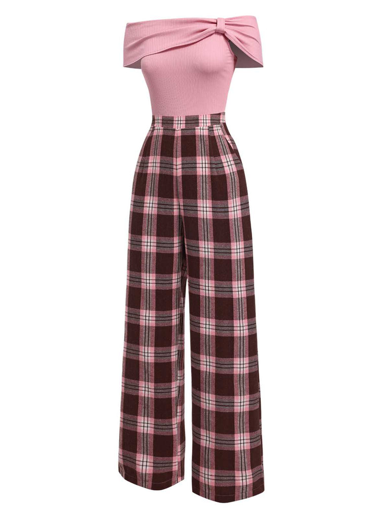 [Vorverkauf] Rosa 1930er Schulterfrei Plaids Jumpsuit