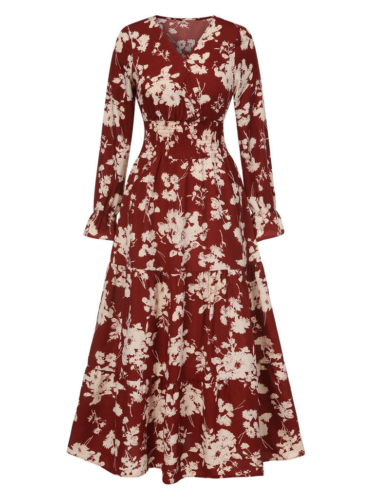 1930er Blumensilhouette V-Ausschnitt Maxi Kleid