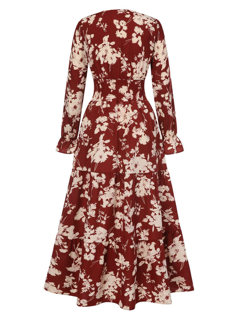 1930er Blumensilhouette V-Ausschnitt Maxi Kleid