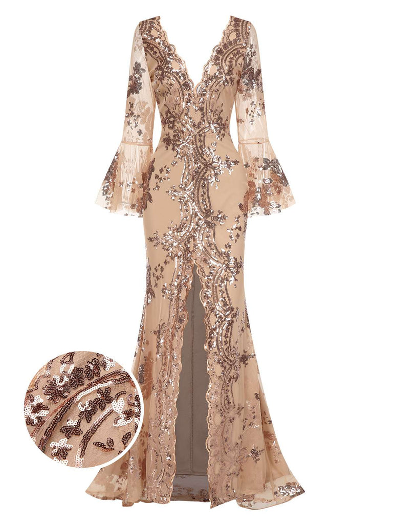 Beige 1920er Tiefer V-Ausschnitt Masche Pailletten Maxi Kleid