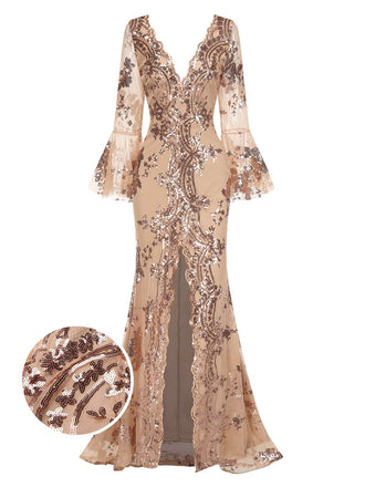Beige 1920er Tiefer V-Ausschnitt Masche Pailletten Maxi Kleid