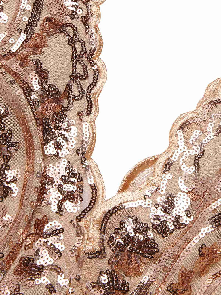 Beige 1920er Tiefer V-Ausschnitt Masche Pailletten Maxi Kleid