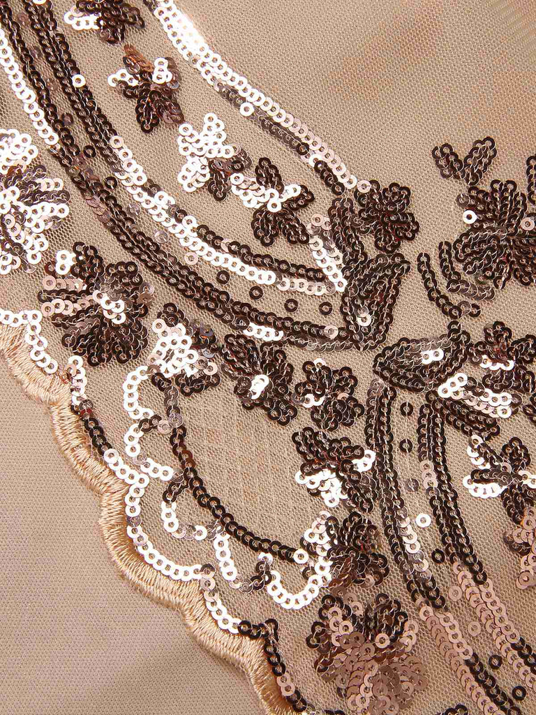 Beige 1920er Tiefer V-Ausschnitt Masche Pailletten Maxi Kleid