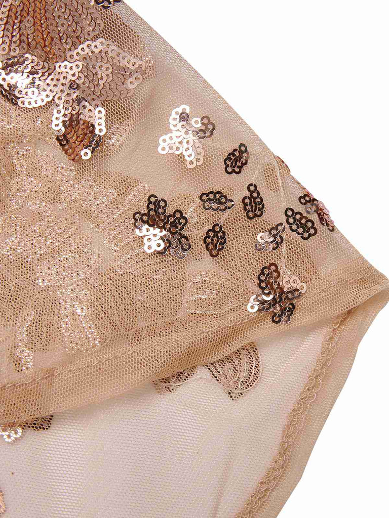 Beige 1920er Tiefer V-Ausschnitt Masche Pailletten Maxi Kleid