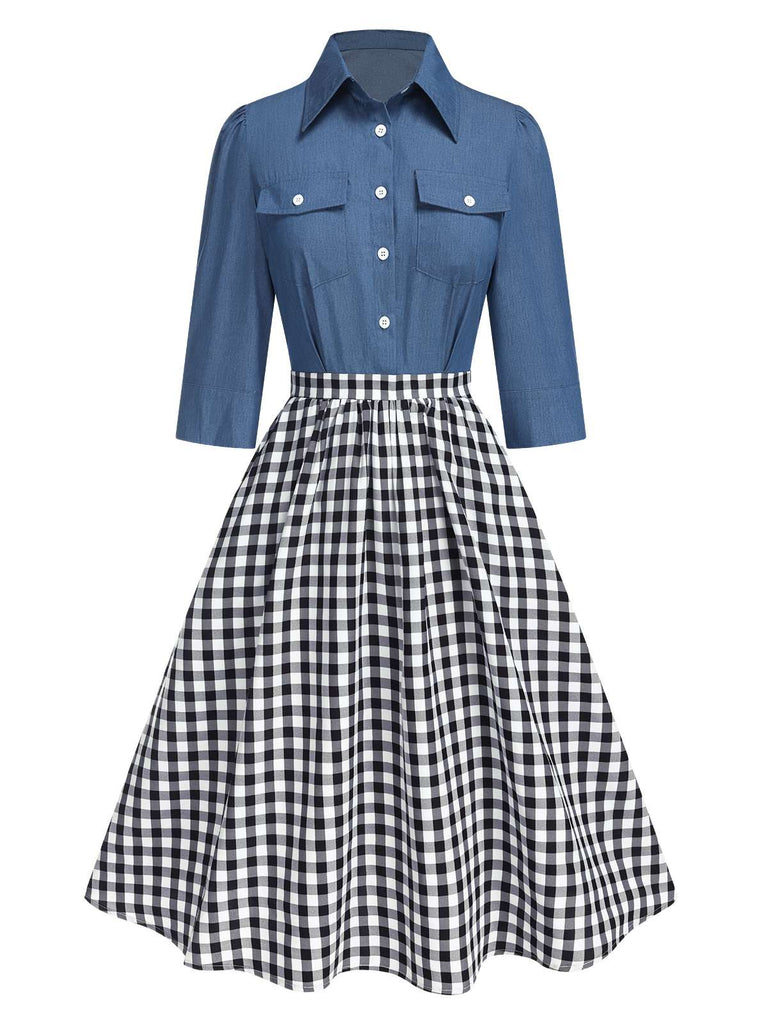 [Vorverkauf] Blau 1950er Gingham Plaid Revers Kleid