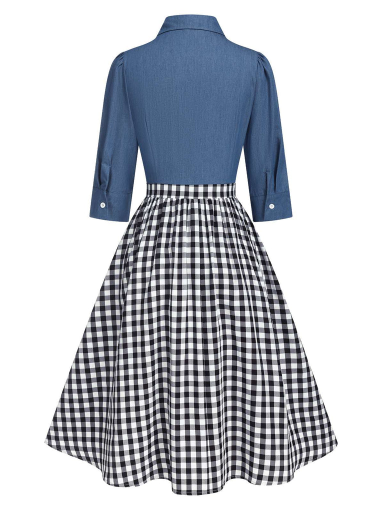 [Vorverkauf] Blau 1950er Gingham Plaid Revers Kleid