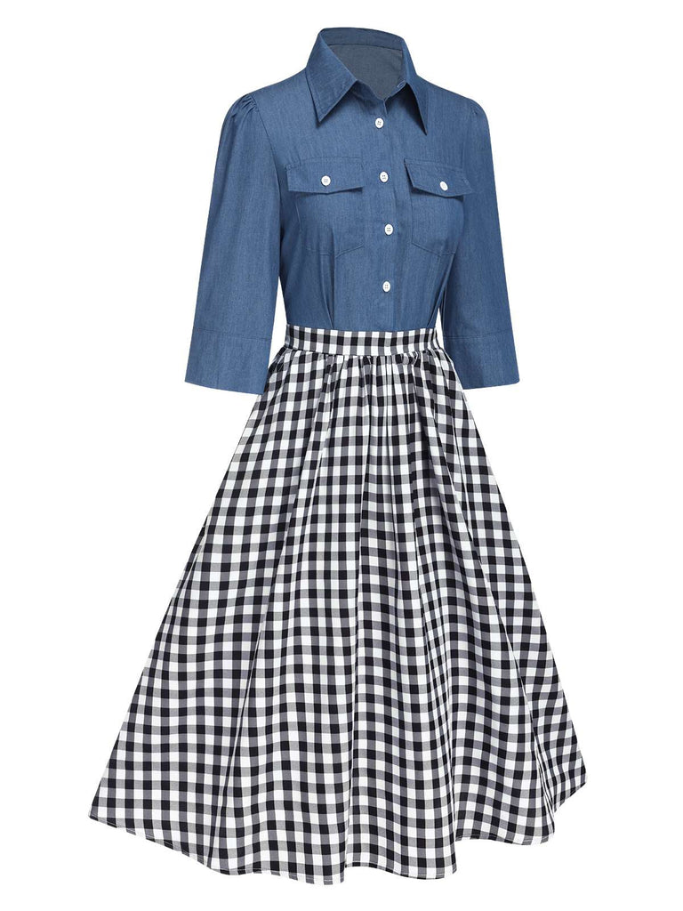 [Vorverkauf] Blau 1950er Gingham Plaid Revers Kleid