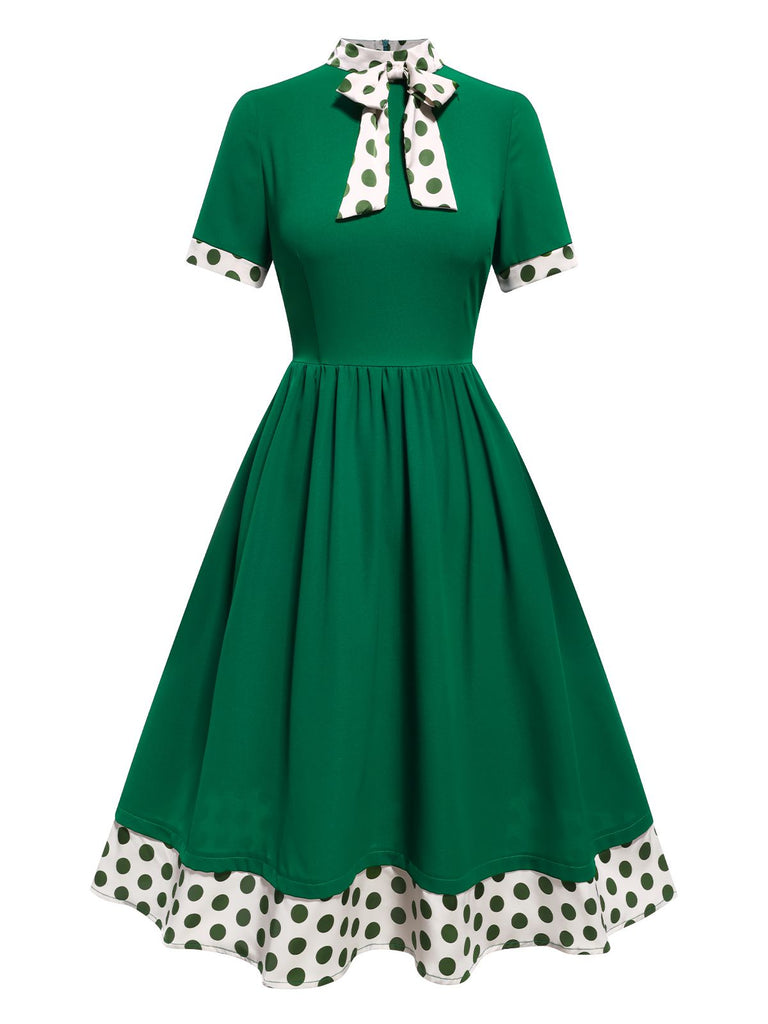 [Vorverkauf] Grün 1950er Krawattenhals Polka Dots Kleid