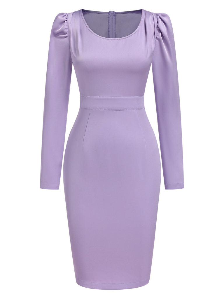 [Vorverkauf] Lavendel 1960er Puffärmel Solide Satin Kleid