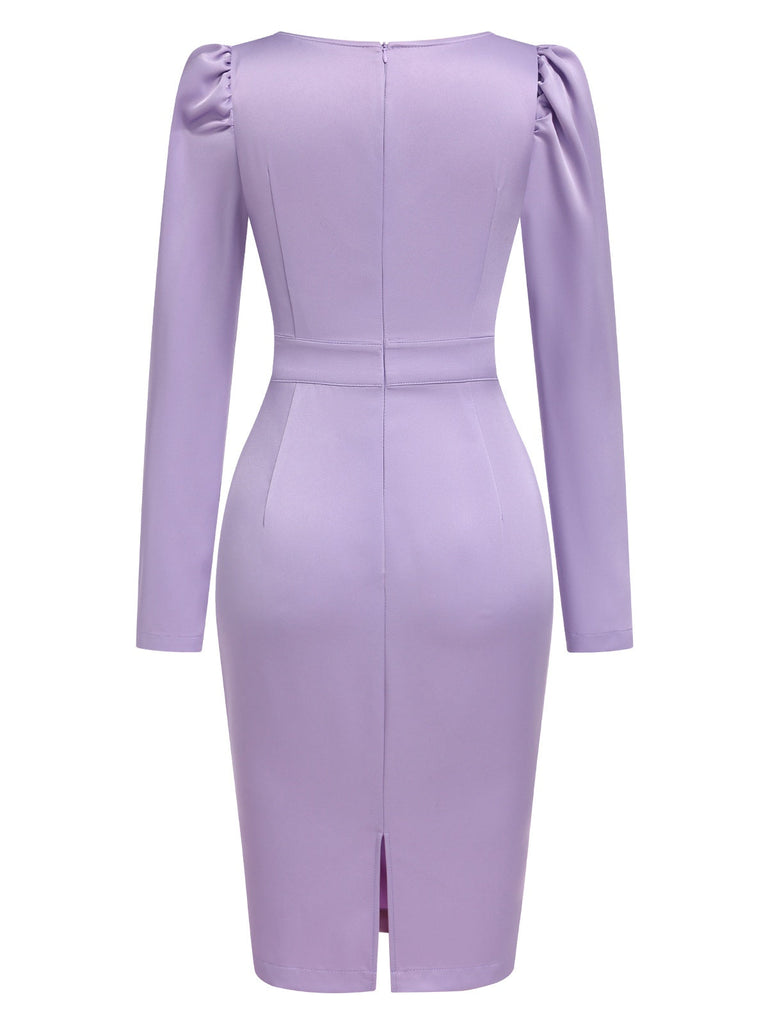 [Vorverkauf] Lavendel 1960er Puffärmel Solide Satin Kleid