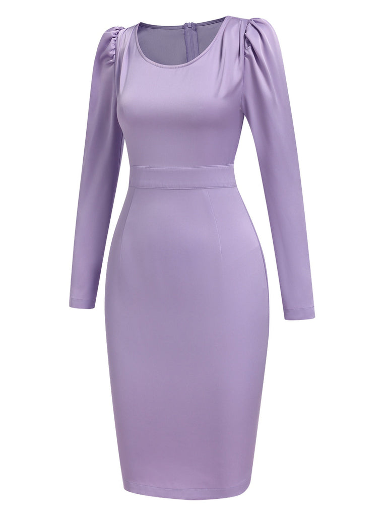 [Vorverkauf] Lavendel 1960er Puffärmel Solide Satin Kleid