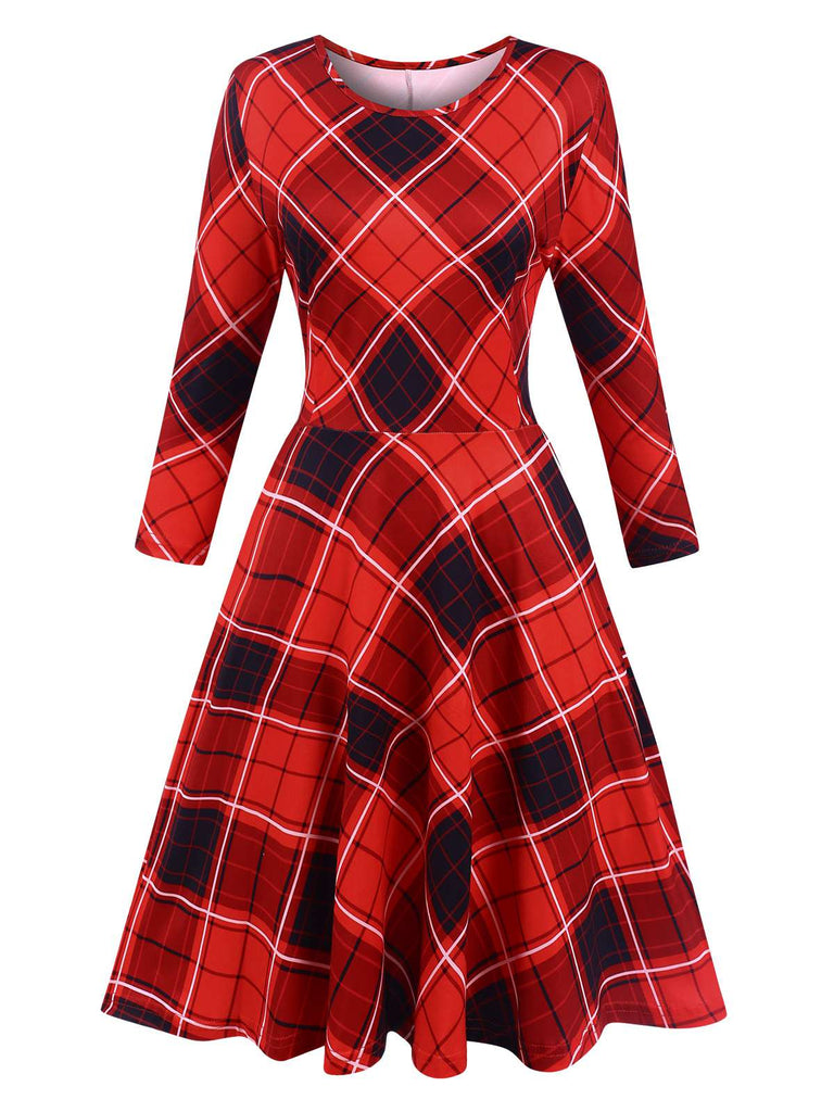 Rot 1950er Rundhals Plaid Halbe Ärmel Kleid