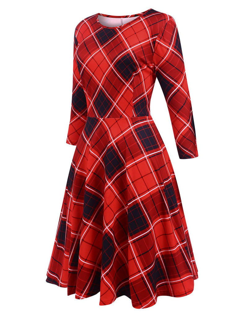 Rot 1950er Rundhals Plaid Halbe Ärmel Kleid