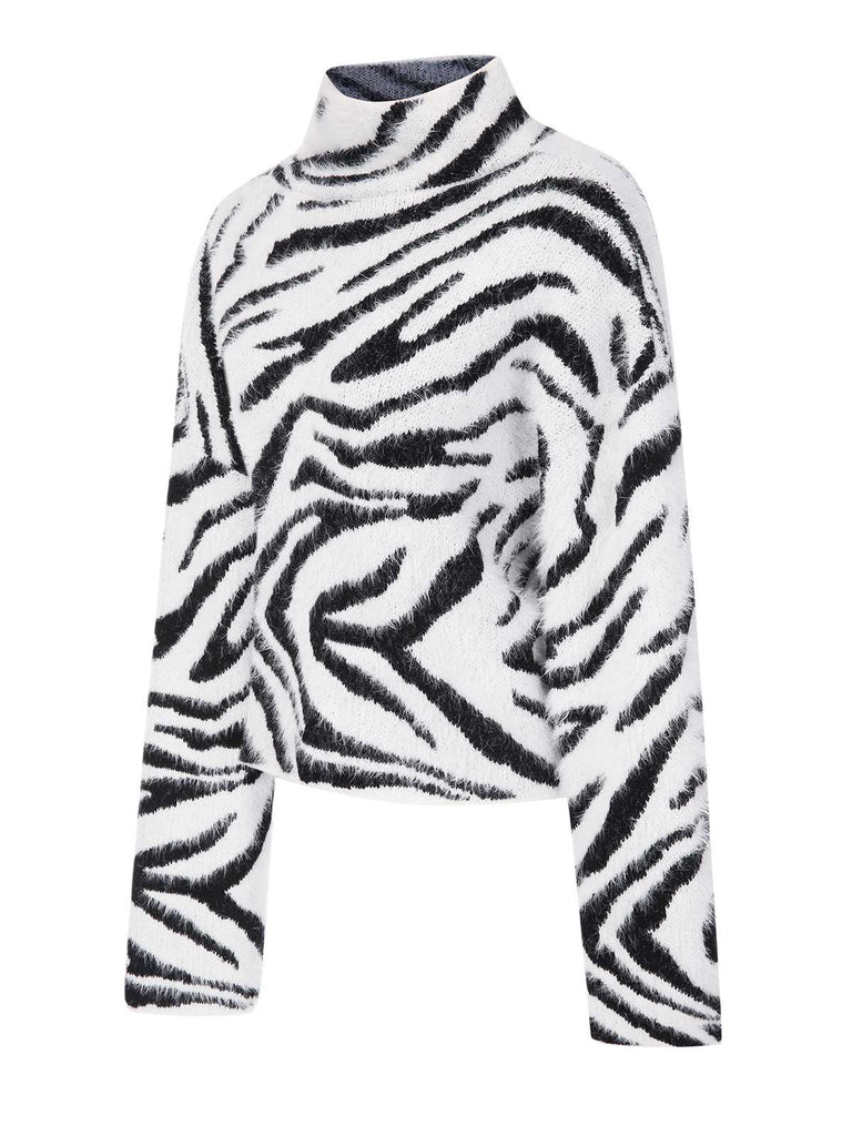 Weiß 1970er Zebra Muster Seepferdchenhaar Pullover