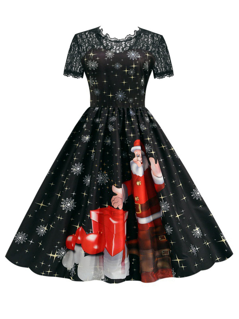 Schwarz 1950er Santa Claus Spitze Patchwork Kleid