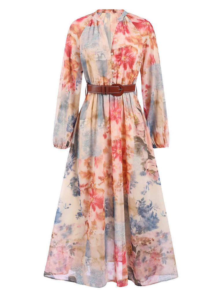 1940er Aquarell Blumen Gürtel Maxi Kleid