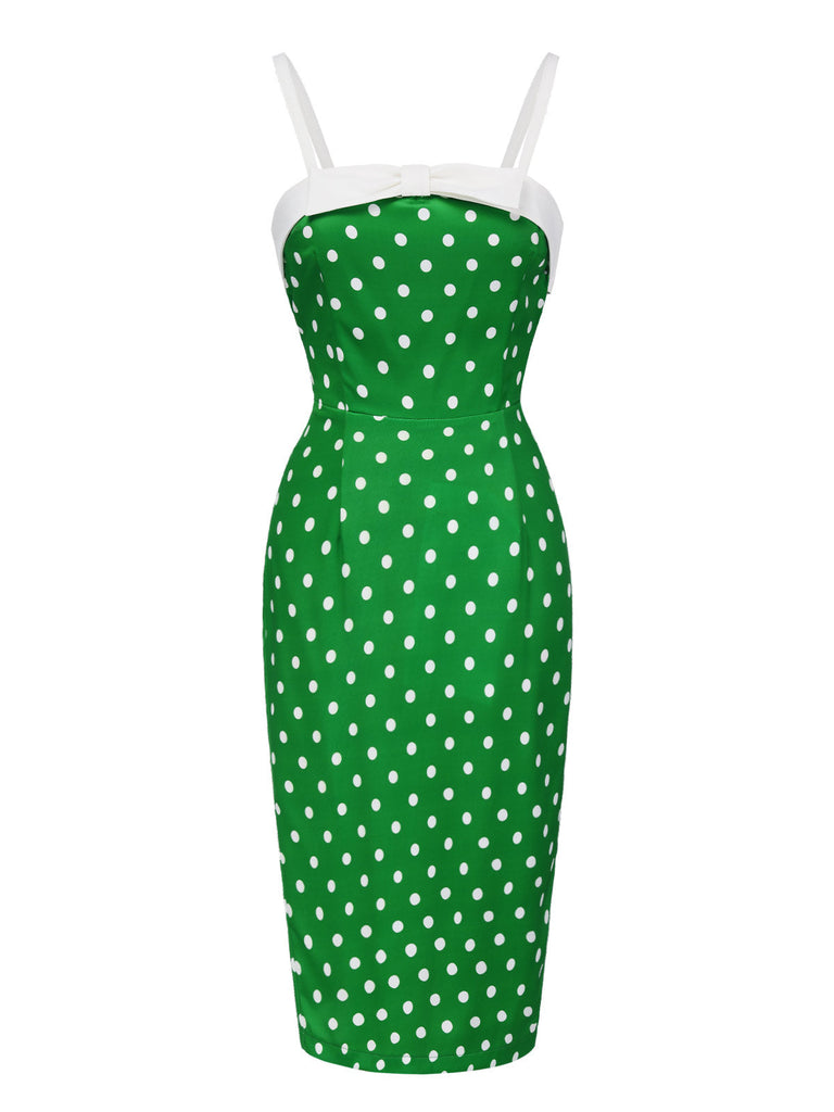 [Vorverkauf] Grün 1960er Polka Dots Bogen Bleistift Kleid