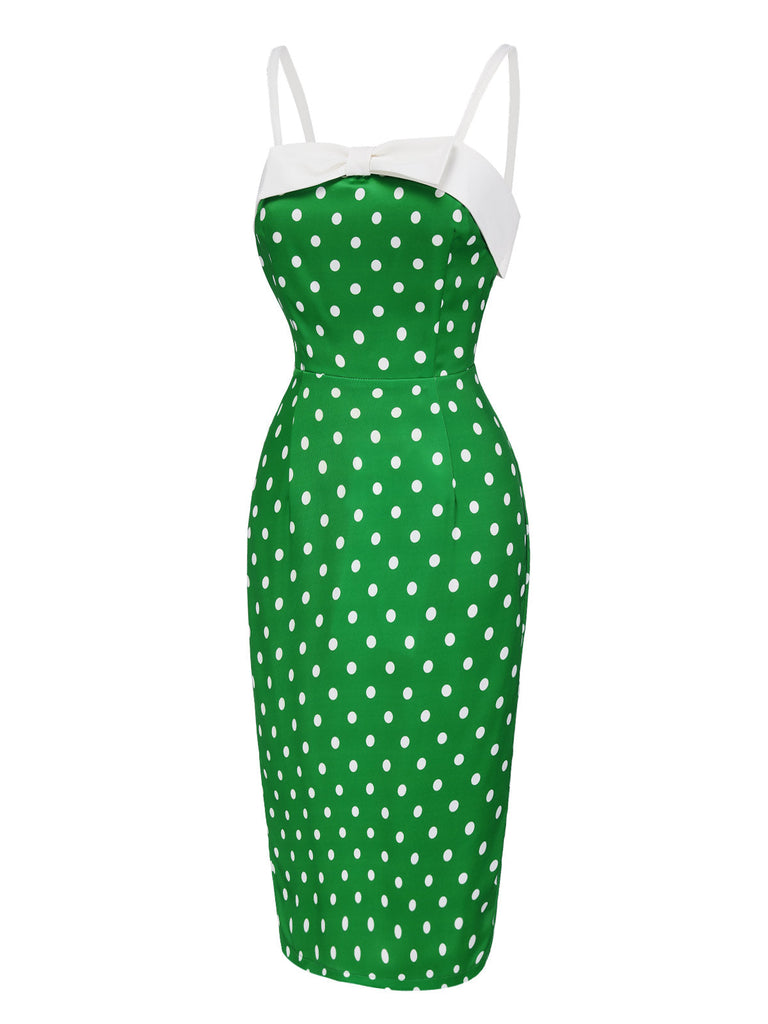 [Vorverkauf] Grün 1960er Polka Dots Bogen Bleistift Kleid