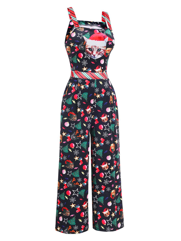 1940er Weihnachten Cat Spaghetti Träger Samt Jumpsuit