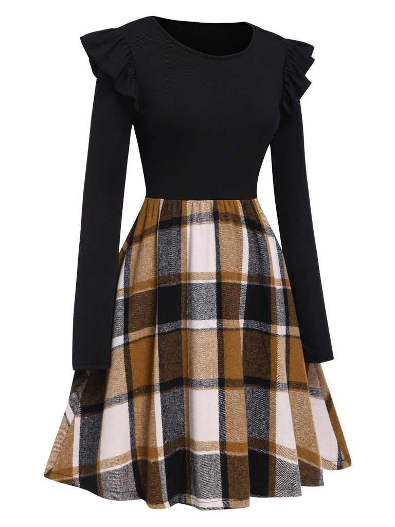 Schwarz 1960er Rüschen Plaid Patchwork Skater Kleid