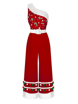 [Vorverkauf] Rosa 1950er Weihnachten Eine Schulter Fellknäuel Gürtel Jumpsuit