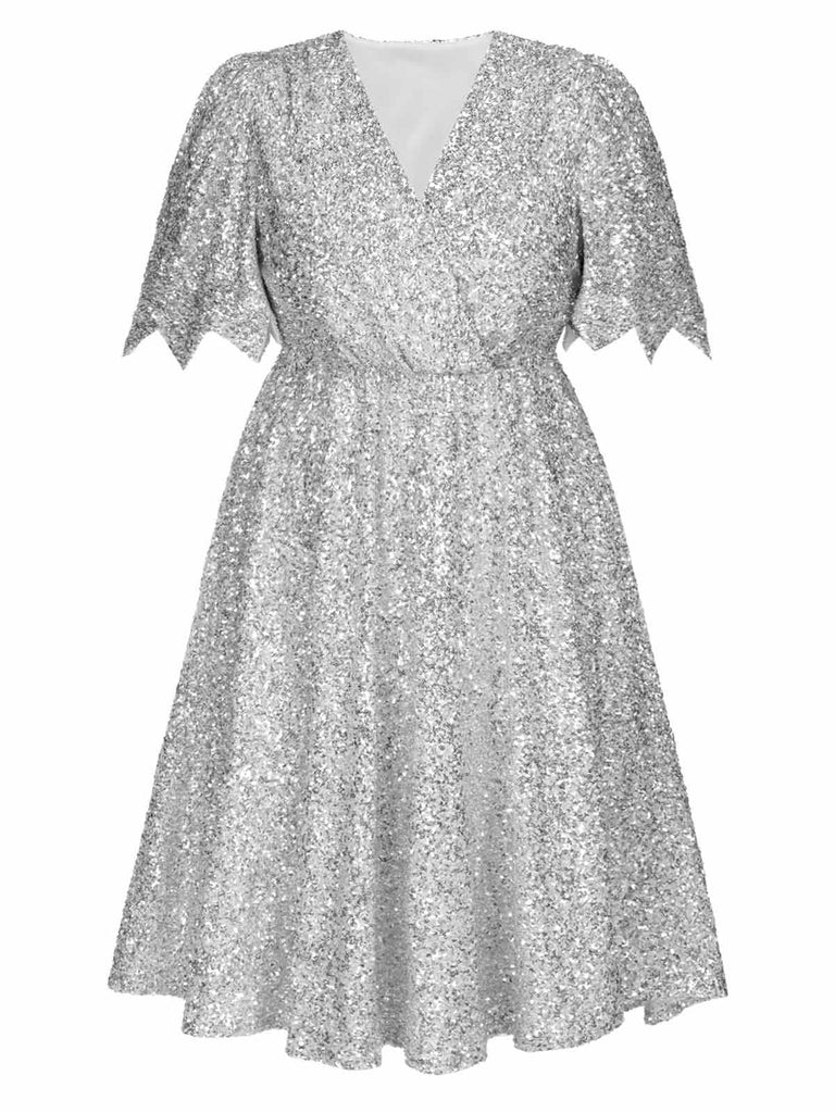 [Vorverkauf] [Übergröße] Silber 1950er Glockenärmel V-Ausschnitt Pailletten Kleid