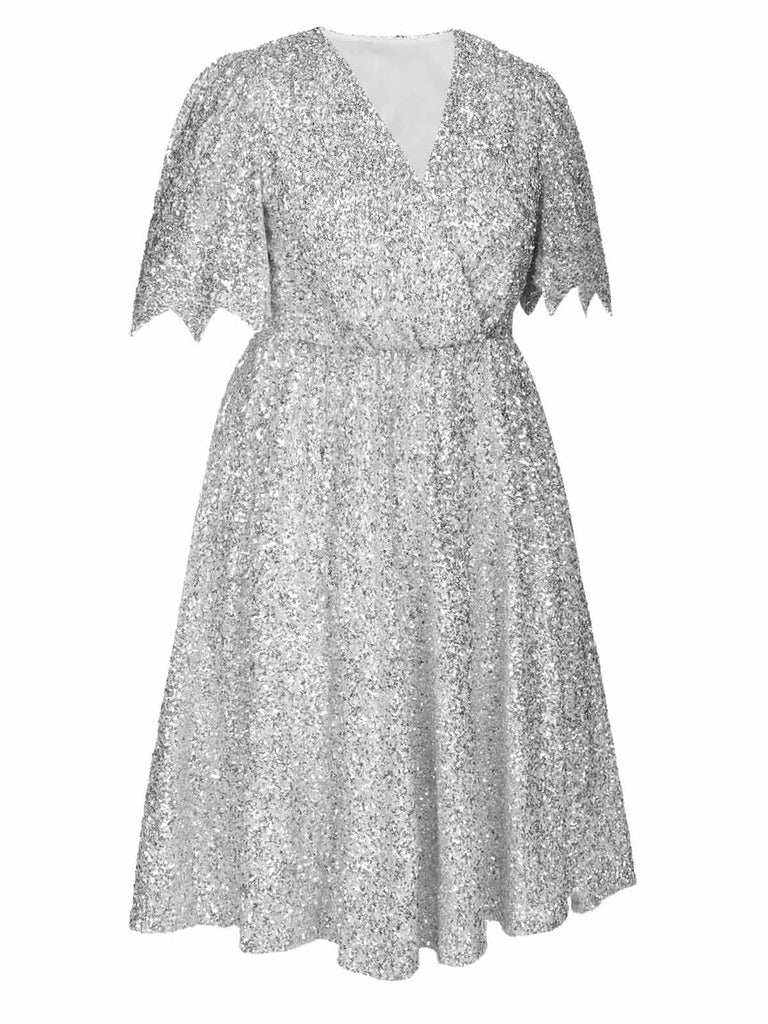 [Vorverkauf] [Übergröße] Silber 1950er Glockenärmel V-Ausschnitt Pailletten Kleid